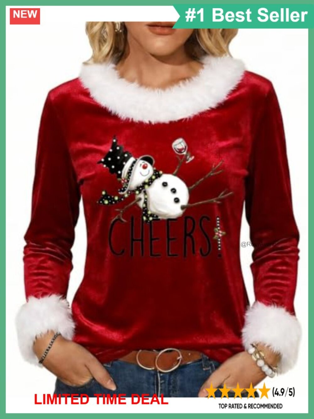 Women's Faux Fur Trim Christmas Graphic Long Sleeve Tee